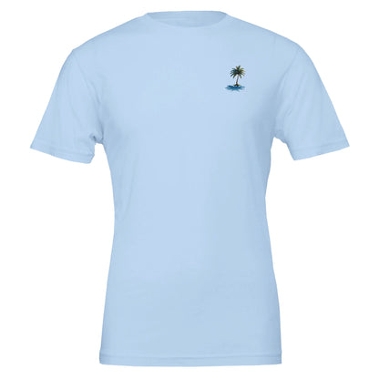 Leichtes hellblaues Sommer T-Shirt aus weicher Baumwolle mit kleinem Palmenmotiv, unisex und ideal für Strand und Beachpartys.