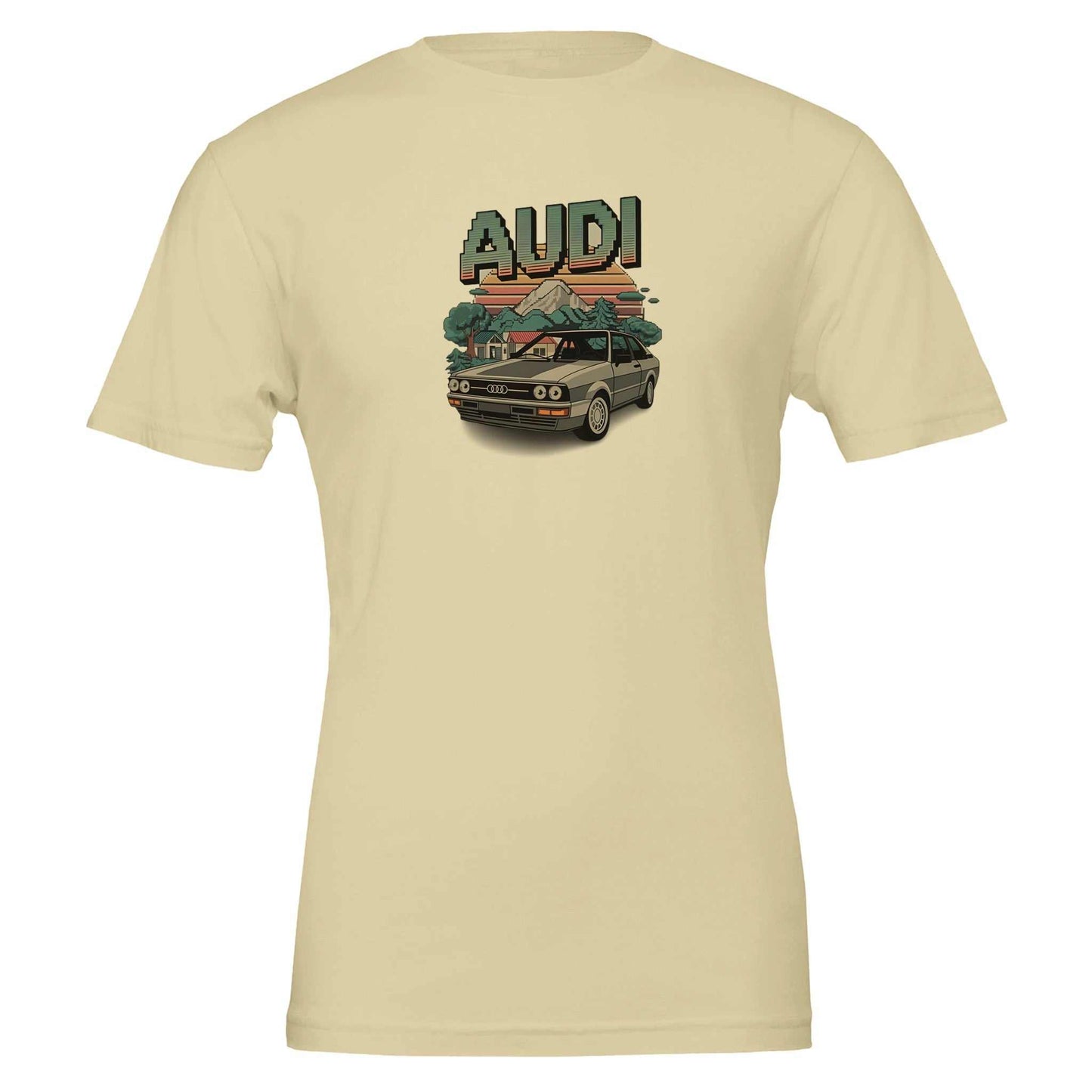 beige premium oldschool t-shirt with vintage audi car and pixel art design, soft cotton, unisex fit