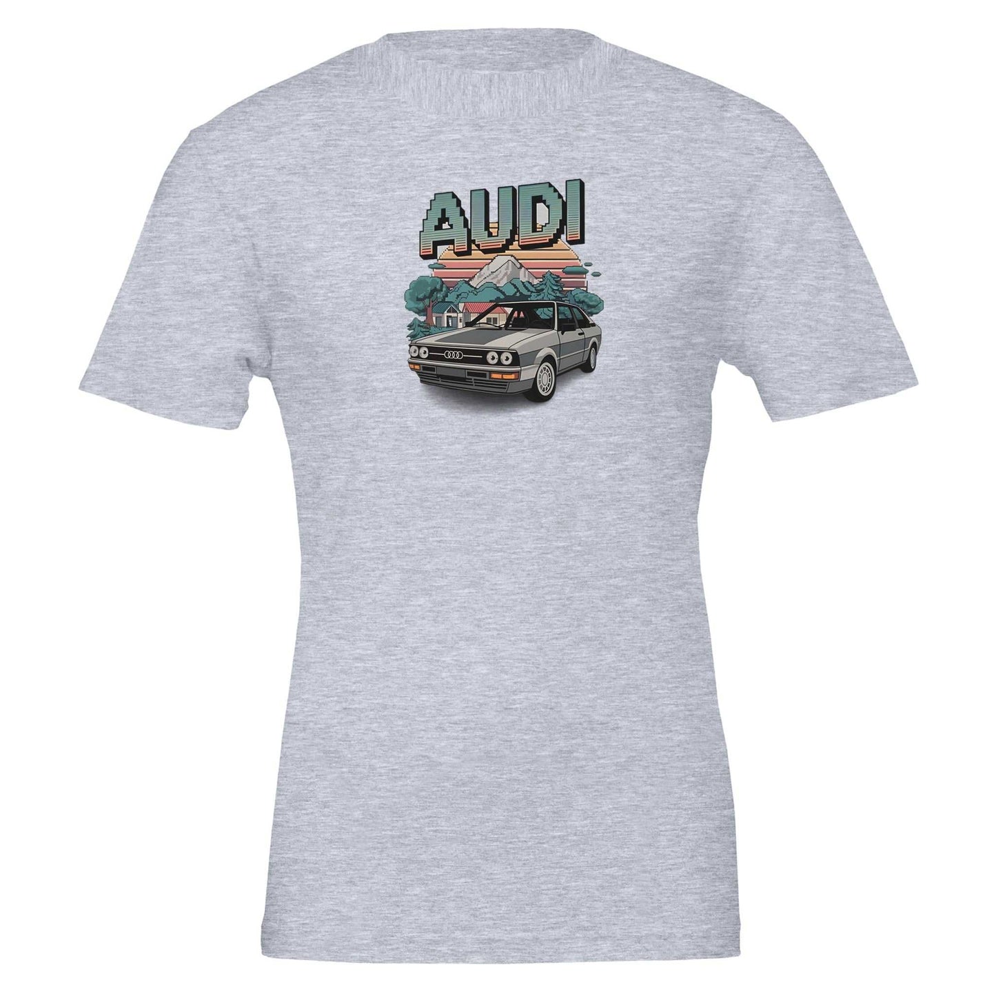 gray oldschool t-shirt with pixel art audi car and retro sunset design