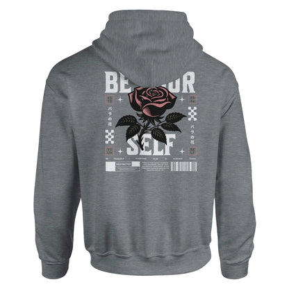 Gray unisex hoodie with "Be Yourself" text and rose graphic on the back, featuring a double-lined hood and front pouch pocket.