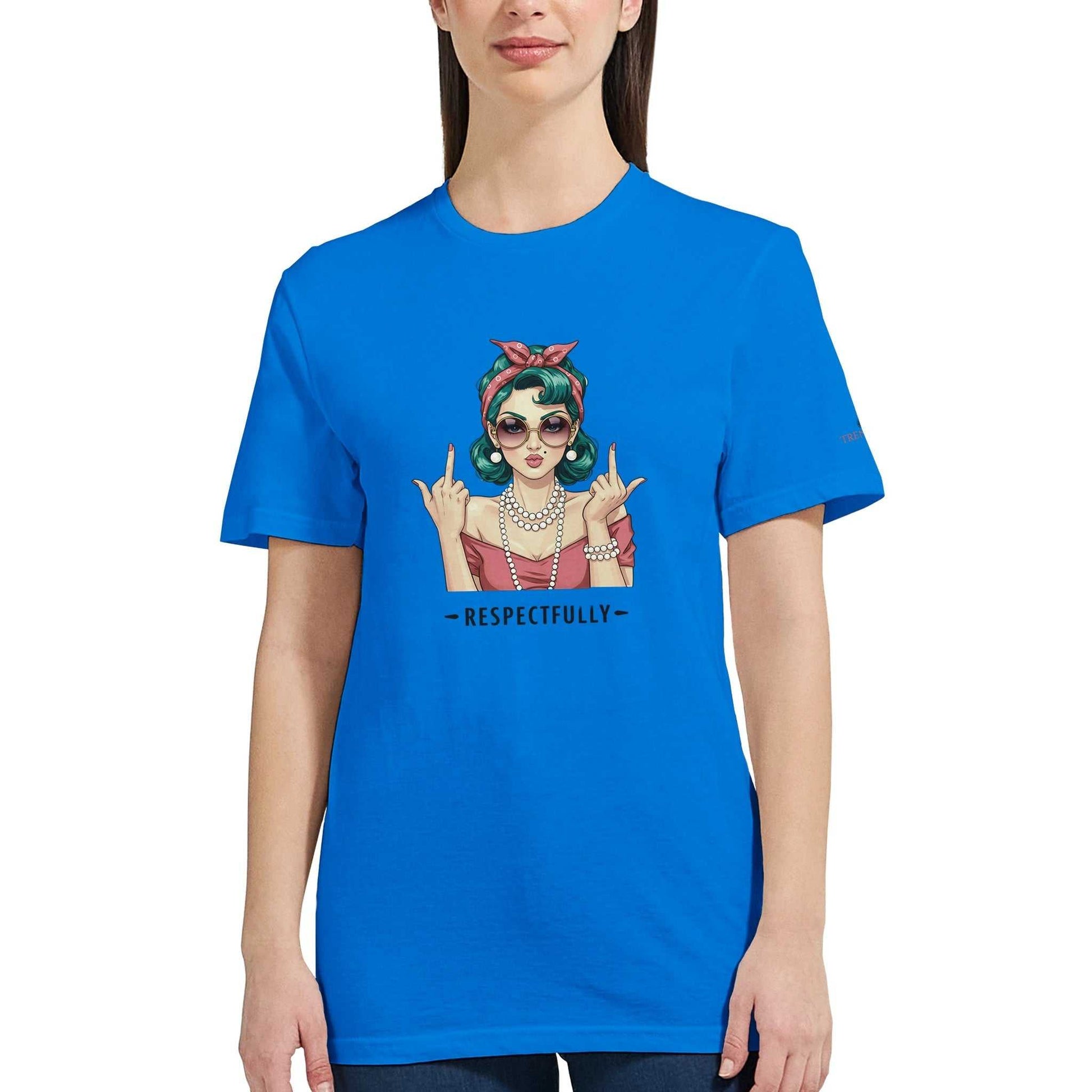 Klassisches T-Shirt aus 100% ringgesponnener Baumwolle in Blau mit Respectfully-Print, halbtailliert und komfortabel