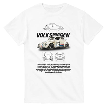 Weißes VW Käfer T-Shirt mit klassischem Beetle-Motiv und Motorsport-Design aus 100 % Baumwolle