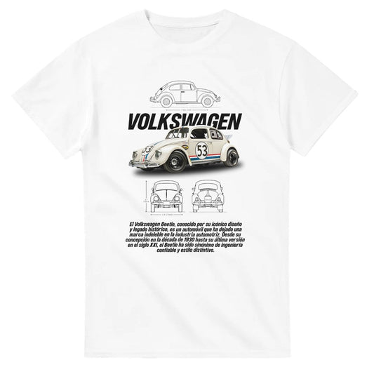 Weißes VW Käfer T-Shirt mit klassischem Beetle-Motiv und Motorsport-Design aus 100 % Baumwolle