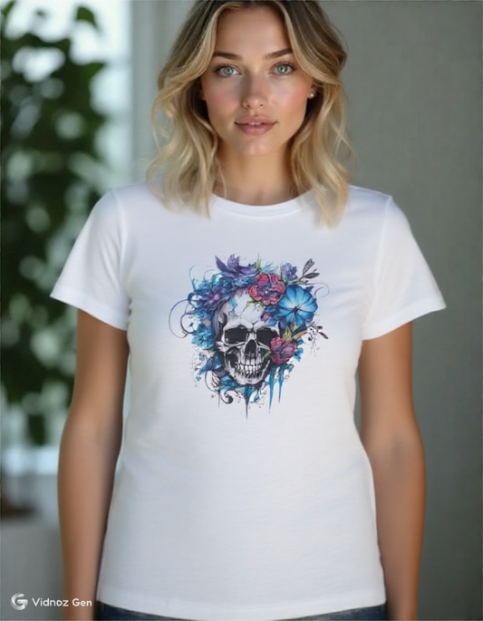 Blumen Totenkopf Damen T-Shirt weiß mit floralem Schädel-Design nachhaltig und stilvoll