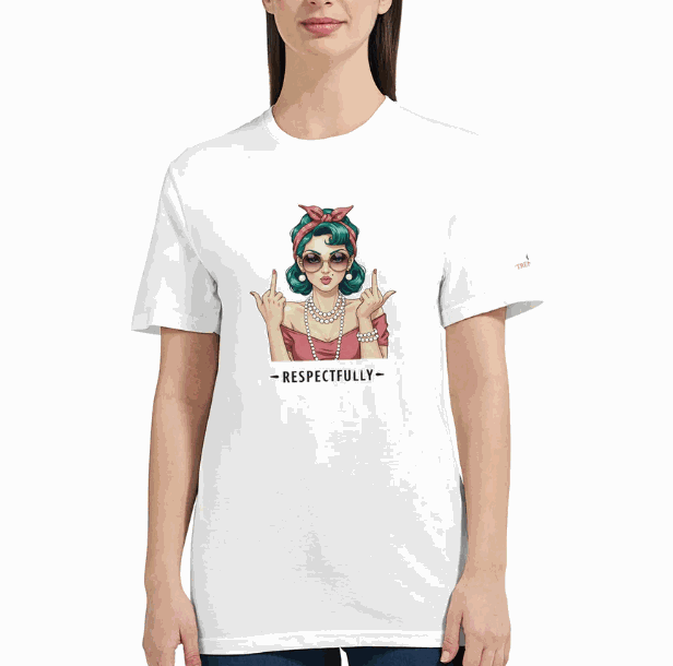 Weißes klassisches T-Shirt mit farbigem Respectfully-Print und halbtailliertem Schnitt