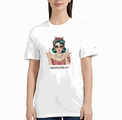 Weißes klassisches T-Shirt mit farbigem Respectfully-Print und halbtailliertem Schnitt