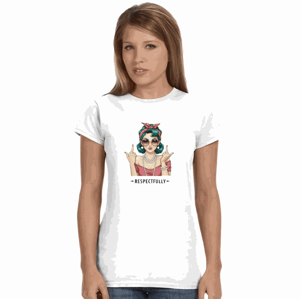 Frau trägt klassisches T-Shirt Respectfully aus 100% ringgesponnener Baumwolle mit halbtailliertem Schnitt und bedrucktem Retro-Motiv