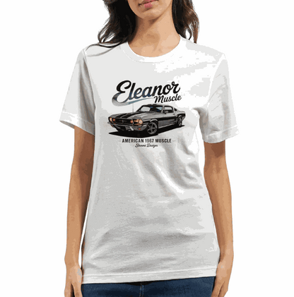 Weißes Eleanor Mustang Auto T-Shirt mit 1967 Muscle Car Druck, weiche Unisex-Passform aus 100% Baumwolle