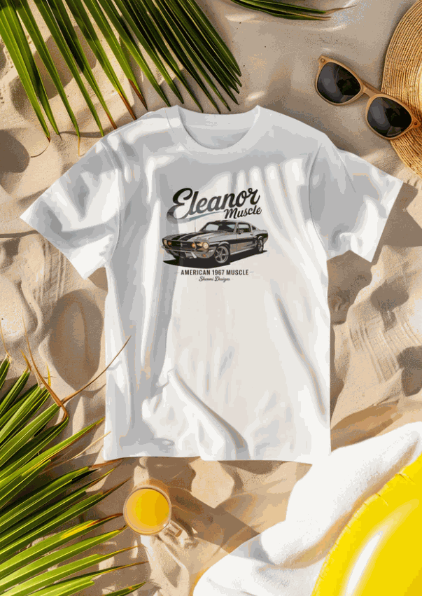 eleanor mustang auto t-shirt with classic car design, soft cotton, unisex fit, durable print, white color on sandy background