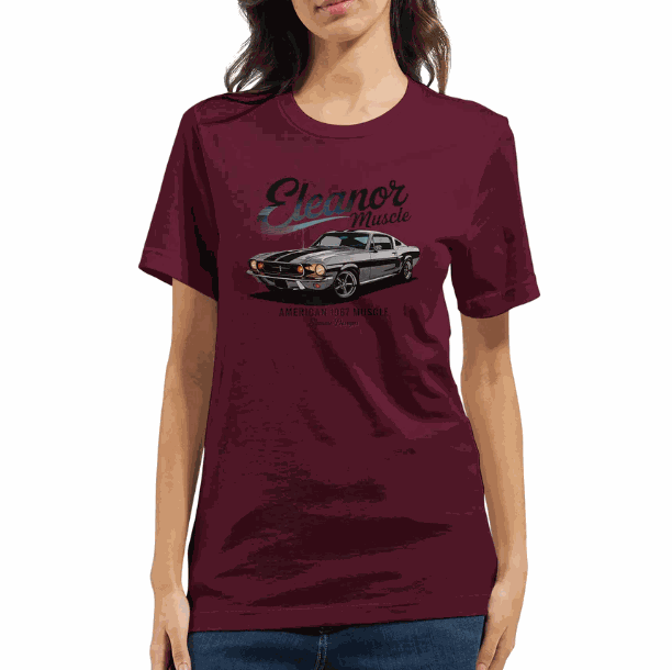 unisex eleanor mustang auto t-shirt aus weicher, robuster baumwolle mit klassischem 1967 muscle car design in bordeauxrot