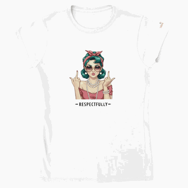 Weißes klassisches T-Shirt mit lässigem Frauendesign und "RESPECTFULLY" Schriftzug.