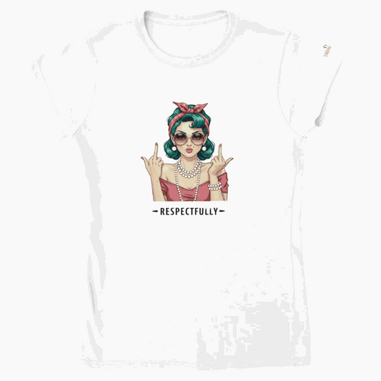 Weißes klassisches T-Shirt mit lässigem Frauendesign und "RESPECTFULLY" Schriftzug.