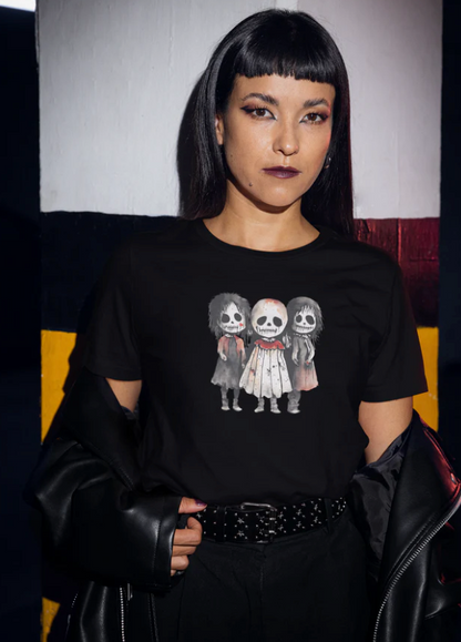 Black horror child t-shirt with playful ghostly character print, made from soft eco-friendly cotton.