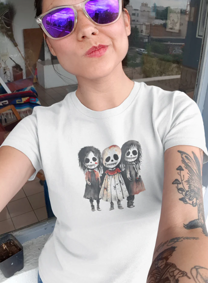 White horror child t-shirt with cute spooky cartoon characters, eco-friendly soft cotton, unisex fit for kids