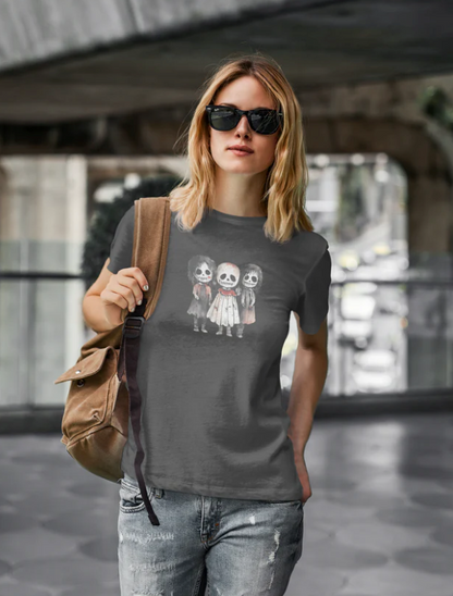 Woman wearing a soft, eco-friendly Horror Child T-Shirt with playful ghostly cartoon characters printed on the front