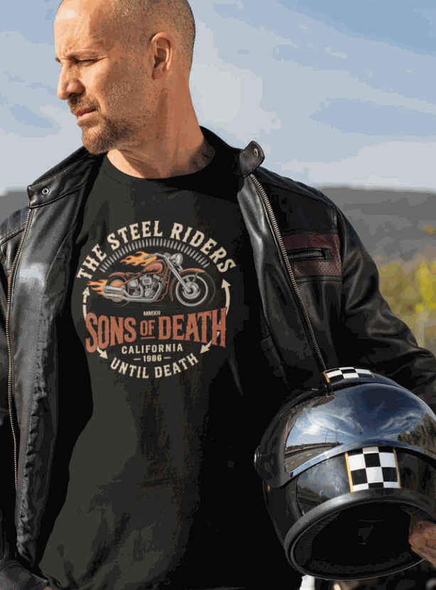 schwarzes biker t-shirt mit sons of death motorrad-print, schwerer baumwollstoff, klassische passform, herrenmodell