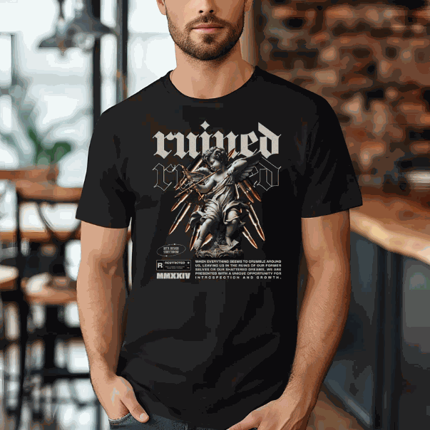 Schwarzes Ruined Streetwaer Unisex Crewneck T-Shirt mit künstlerischem Engel-Design und klassischem Schnitt aus 100% Baumwolle