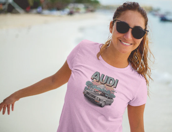 oldschool t-shirt minecraft mit audi auto motiv, weiches premium baumwollmaterial, bequemer, taillierter schnitt, lebendiger druck, lässiges damenshirt