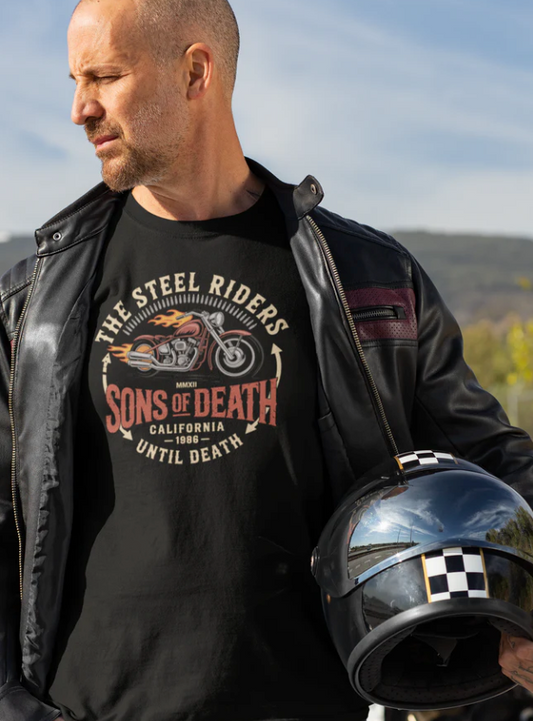 Biker T-Shirt aus schwerer Baumwolle mit klassischem Schnitt und Sons of Death Motorrad-Print in Schwarz