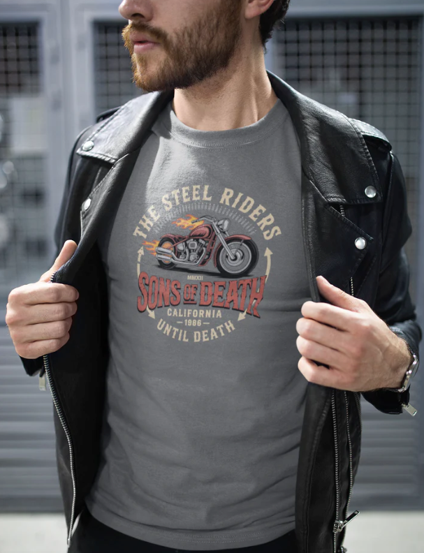 Biker T-Shirt aus schwerer Baumwolle mit klassischem Design und Motorradmuster in Grau