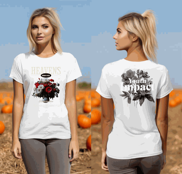 weißes heavens crewneck t-shirt streetwear mit front- und rückendruck, damenmodell, baumwollmaterial, lässiger stil