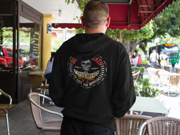 männer rocker biker hoodie aus schwerer baumwoll-polyester-mischung mit doppelter kapuze und stylischem totenkopf-print hinten