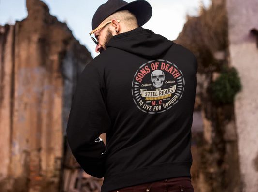 Schwarzer Rocker Biker Hoodie aus Baumwoll-Polyester-Mischung mit Totenkopf-Print und doppelter Kapuze für Herren
