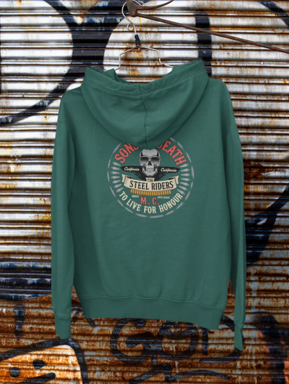 Rocker Biker Hoodie aus weicher Baumwoll-Polyester-Mischung mit doppelter Kapuze und Skull-Print auf der Rückseite.