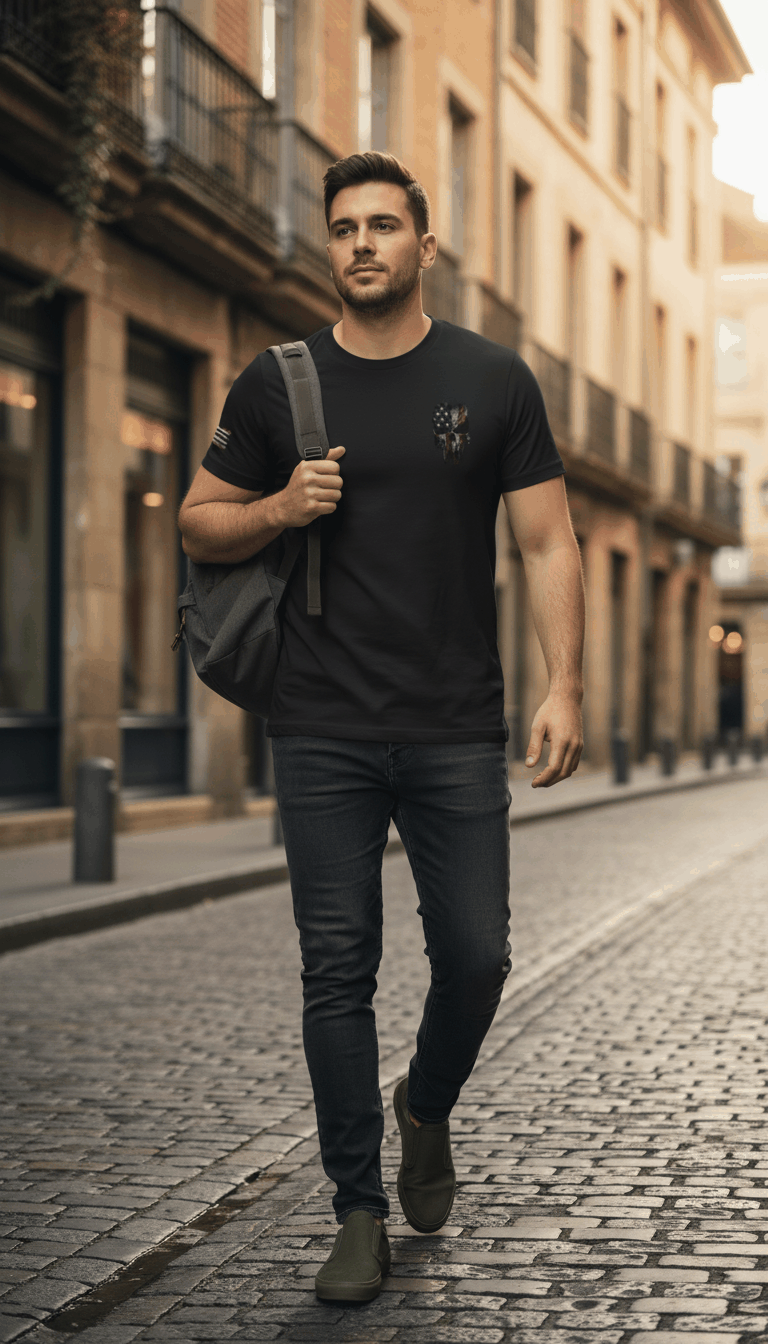man walking on city street wearing black grunt style american feeling unisex t-shirt with backpack
