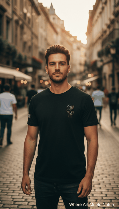 Man wearing black Grunt Style American Feeling Unisex T-Shirt with patriotic graphic print in urban street setting