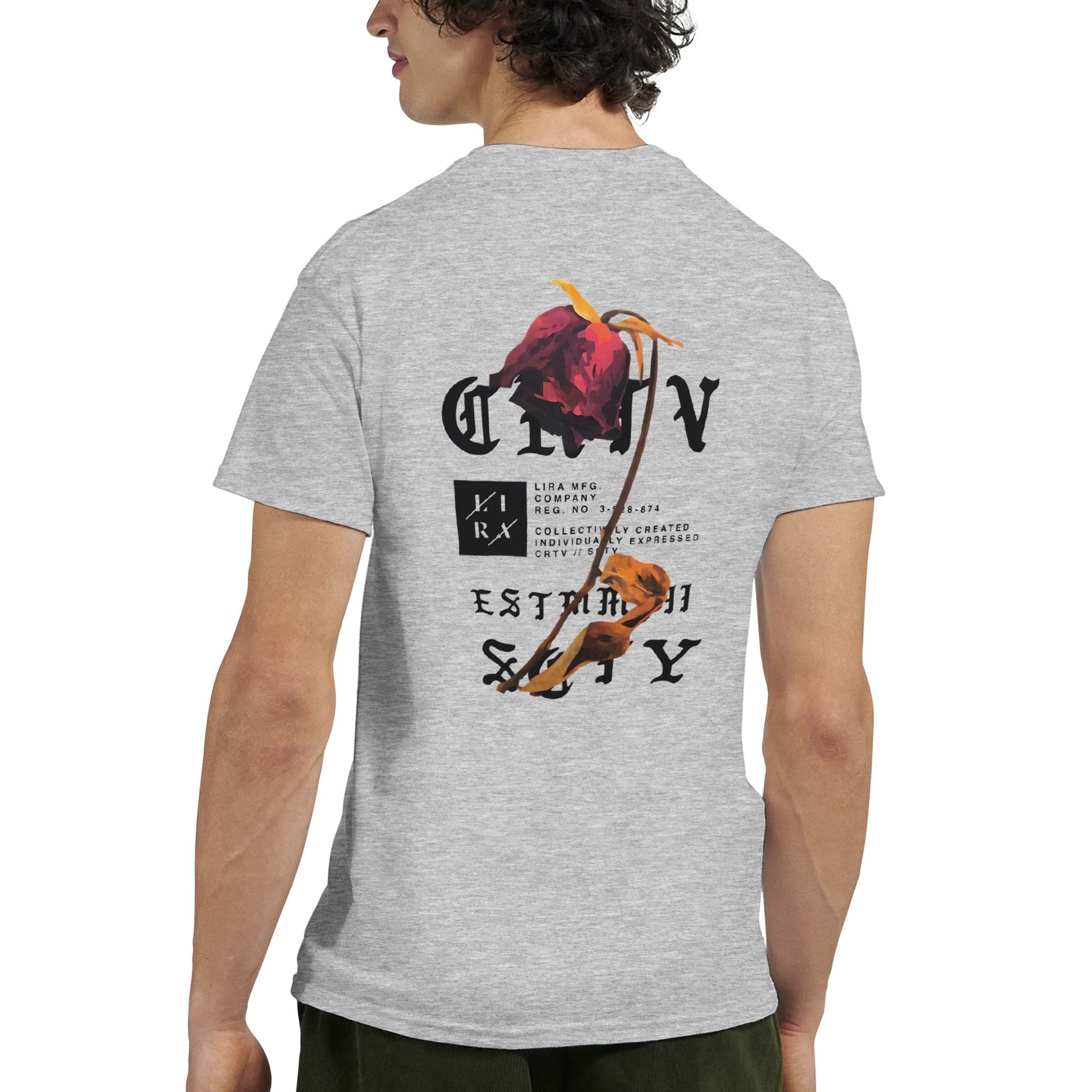 Lira Streetart Unisex T-Shirt in grau mit künstlerischem Rückendruck aus schwerer Baumwolle