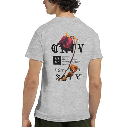 Lira Streetart Unisex T-Shirt aus grauer Baumwolle mit künstlerischem Rückendruck, klassischer Passform und langlebiger Qualität