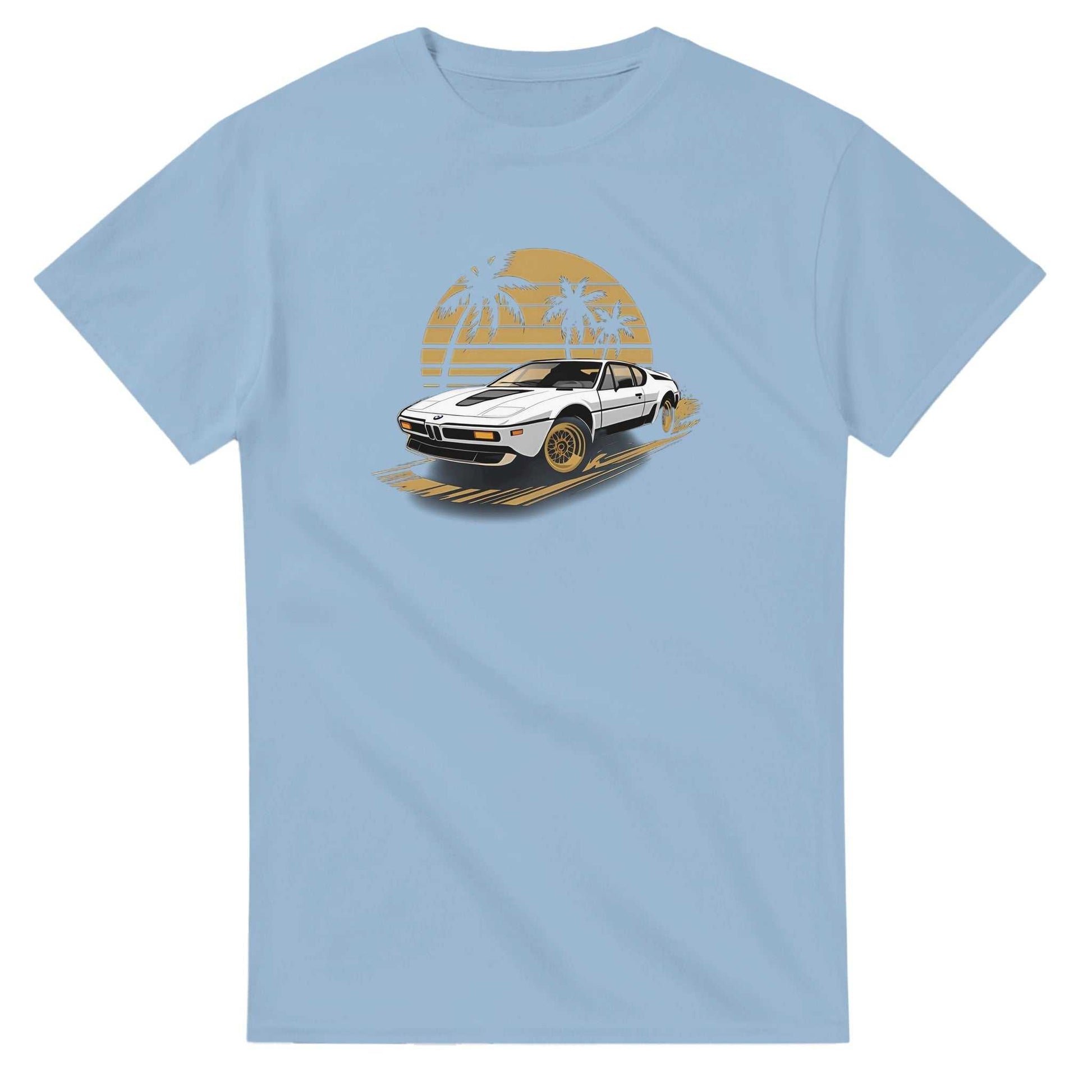 Premium unisex summer car t-shirt with vintage car and palm tree design on light blue heavyweight cotton fabric