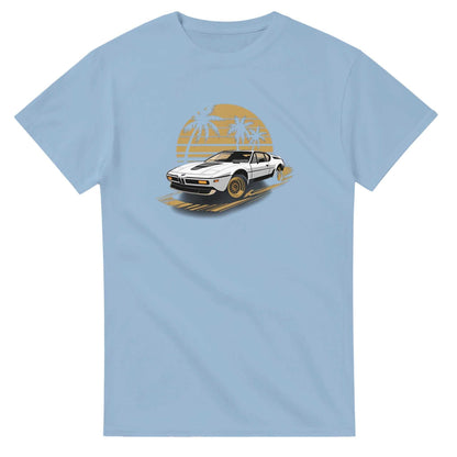 Premium unisex summer car t-shirt with vintage car and palm tree design on light blue heavyweight cotton fabric
