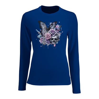 Damen Long Sleeve Fitted T-shirt in Blau mit Schmetterling- und Blumenmotiv, eng anliegend und aus hochwertigem Material.
