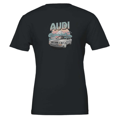 Black oldschool T-shirt with vintage Audi car and pixel art design, soft cotton, unisex fit