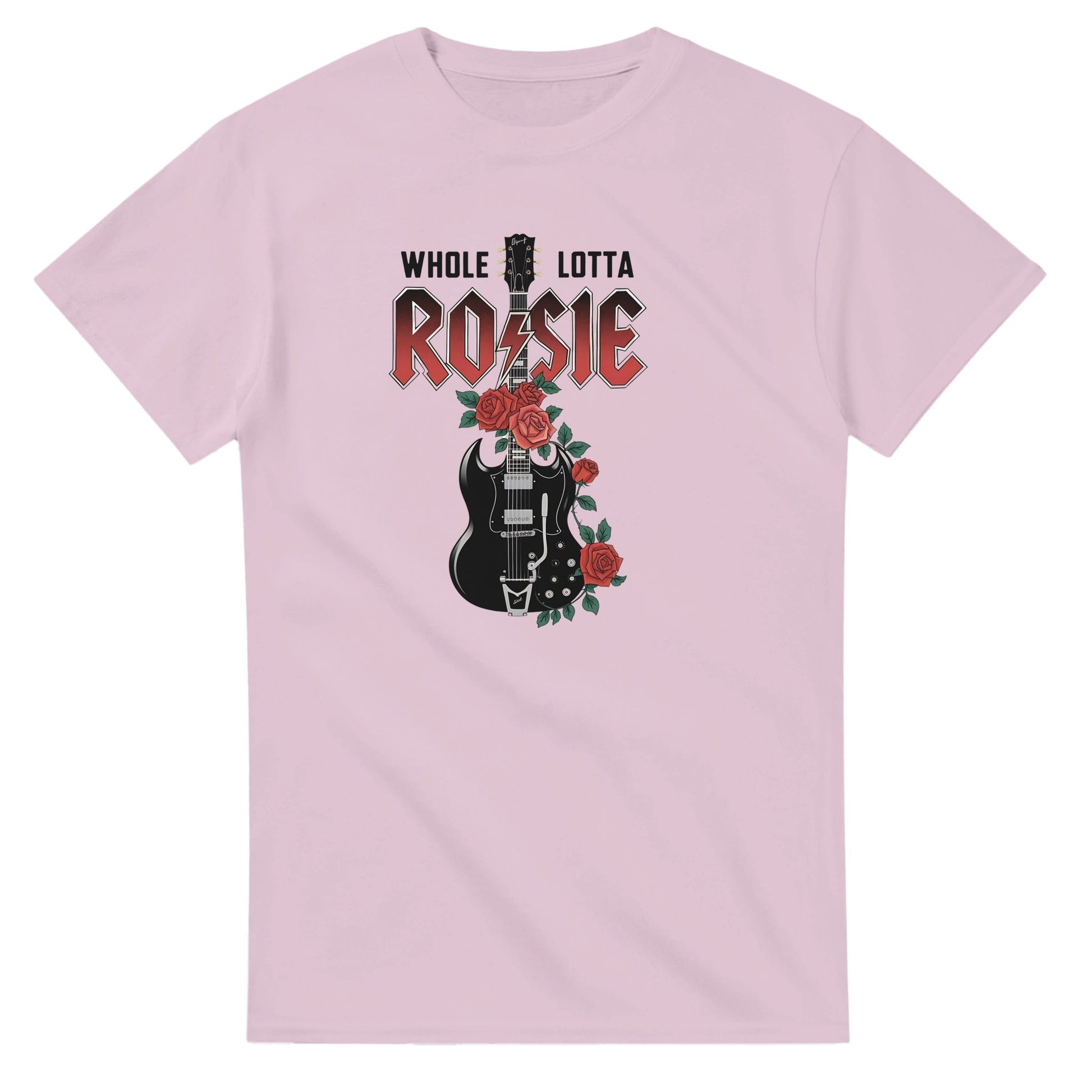 Pink AC DC T-shirt with "Whole Lotta Rosie" guitar and roses design, classic fit, heavyweight cotton