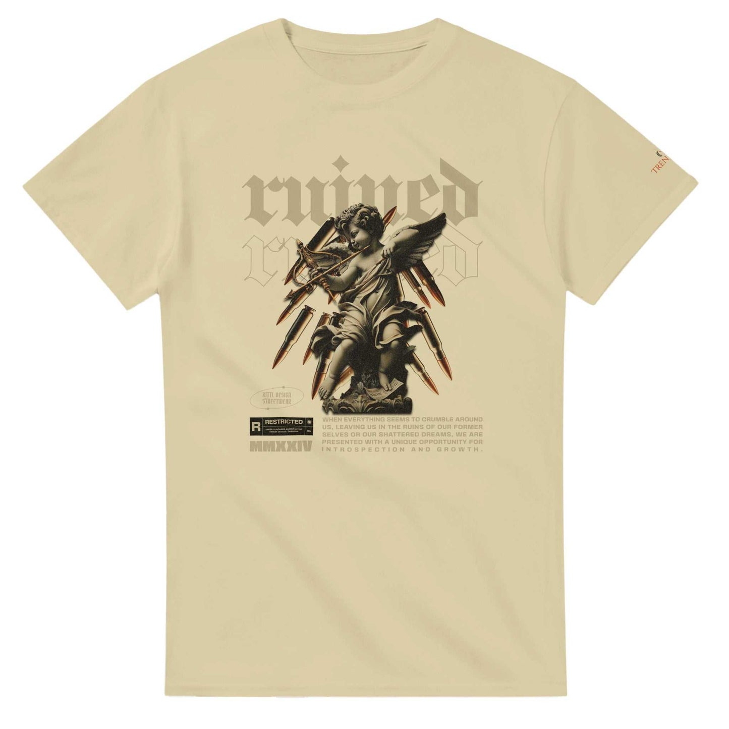 ruined streetwaer unisex crewneck t-shirt in beige with angel graphic and durable heavyweight cotton design