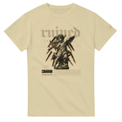 Ruined Streetwaer unisex crewneck t-shirt in beige with angel graphic and durable heavyweight cotton design
