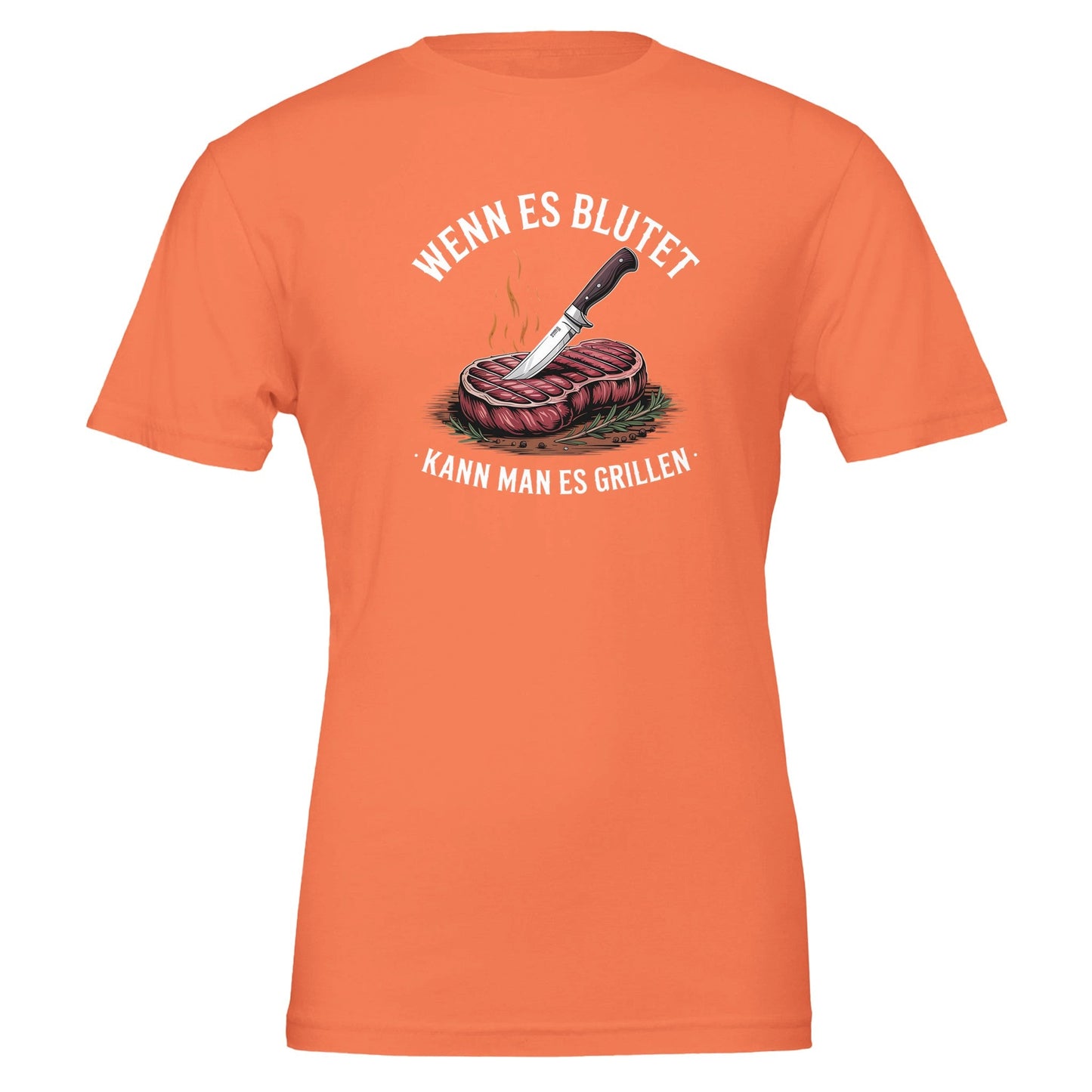 oranges grill t-shirt mit steak und messer motiv, unisex, weich und nachhaltig, ideal für gartenpartys und grillabende