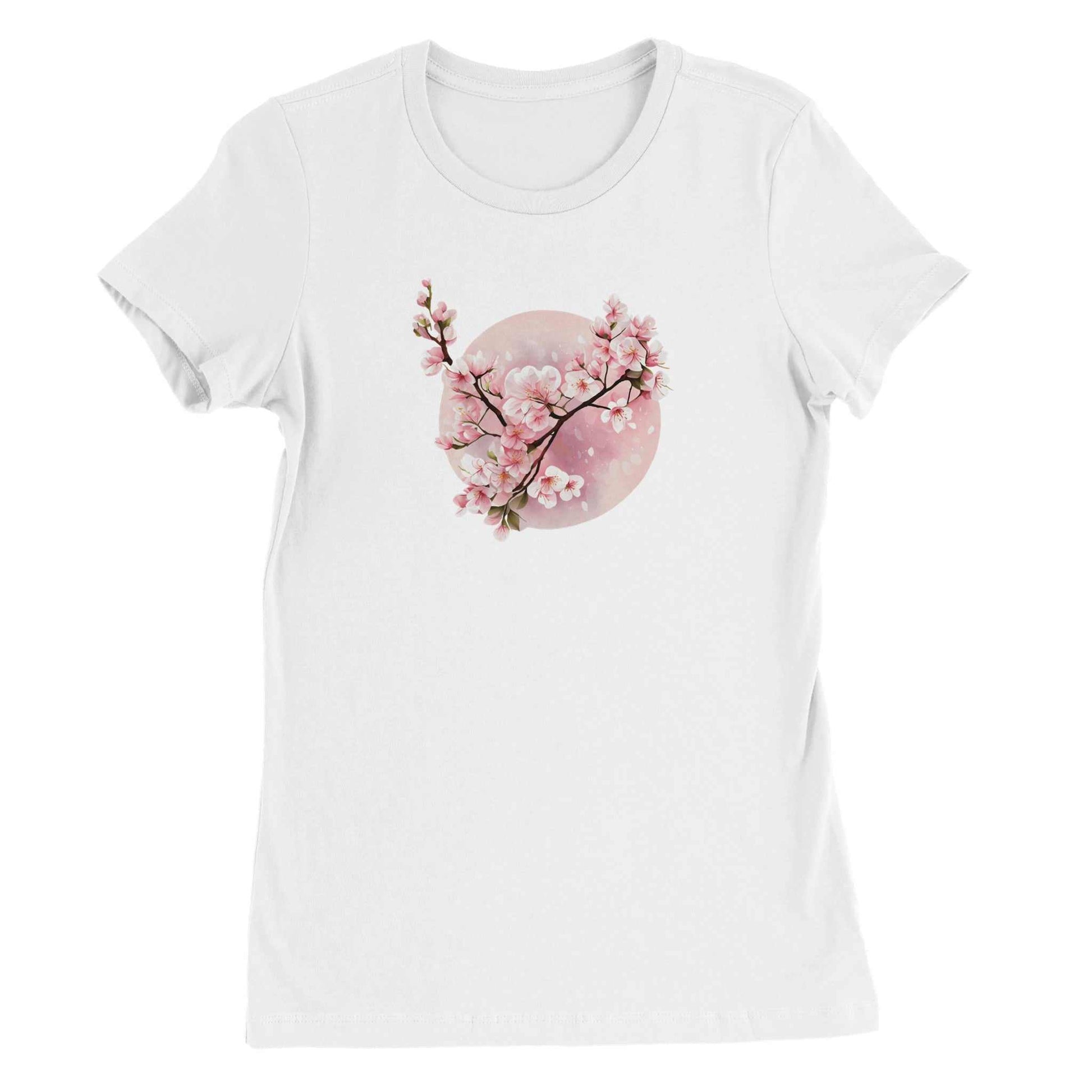 Damen-T-Shirt Sakura Spring weiß mit pinkem Kirschblüten-Design, taillierte Passform, 100% gekämmte Baumwolle, langer Schnitt und Seitennähte.