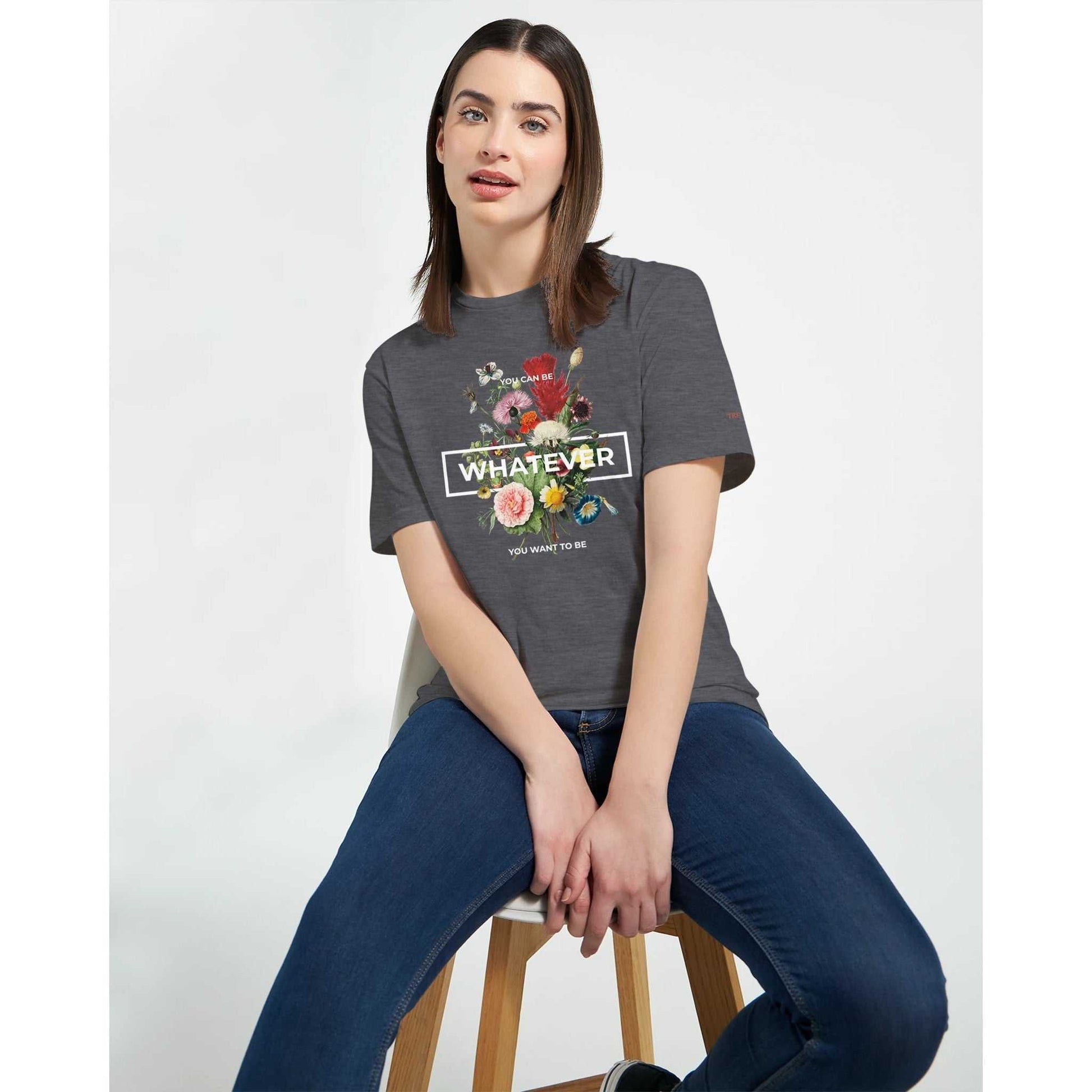 Whatever Womens Crewneck T-shirt with floral print, semi-fitted, soft 100% cotton, casual streetwear for women