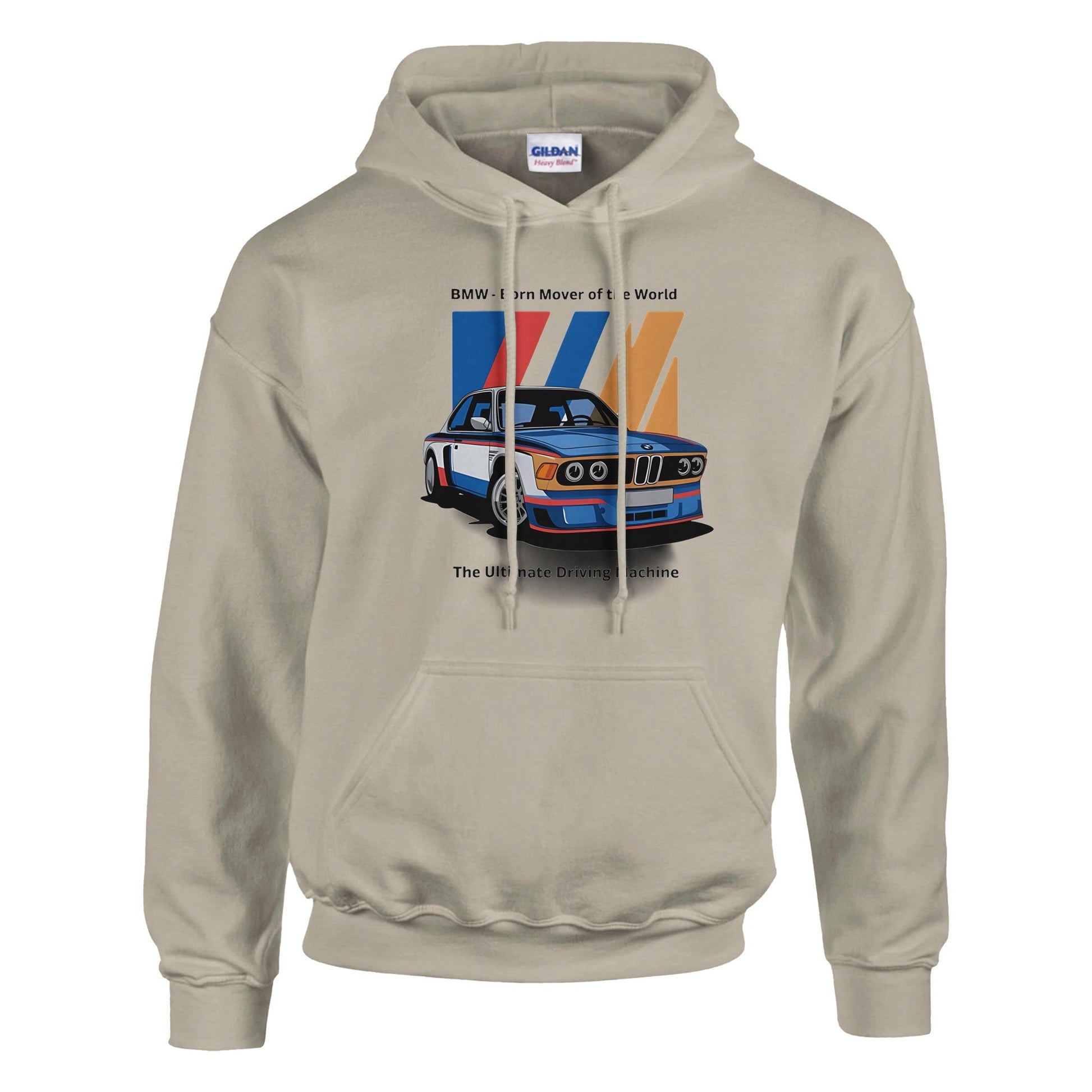 Beige Born to Race unisex hoodie with vintage race car graphic and front kangaroo pocket