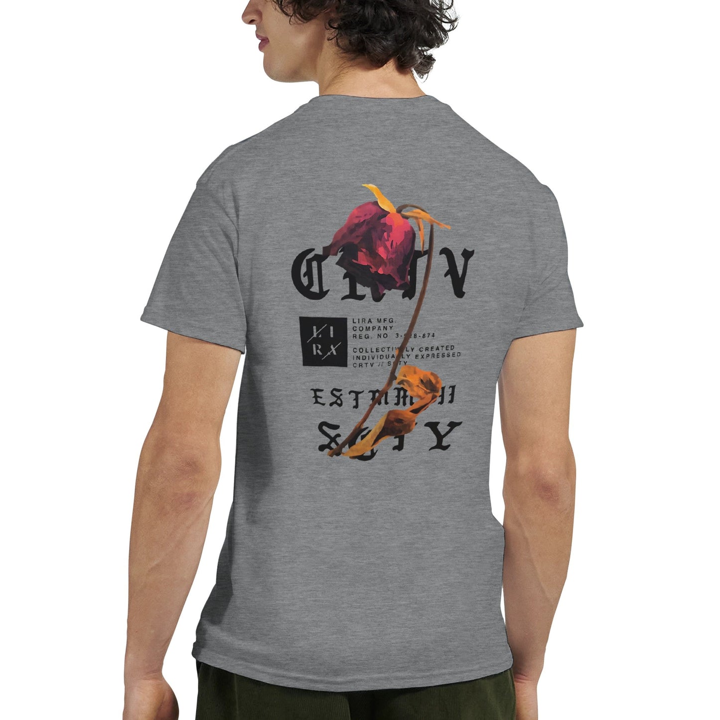 unisex t-shirt aus schwerer baumwolle mit lira streetart design auf der rückseite, graue farbe, klassische passform