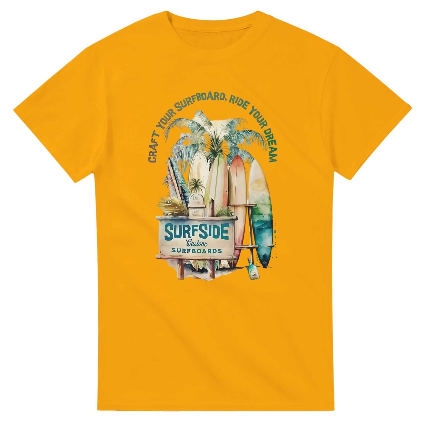 sommer surfside t-shirt in yellow with vintage surfboard graphic and relaxed fit heavyweight cotton design