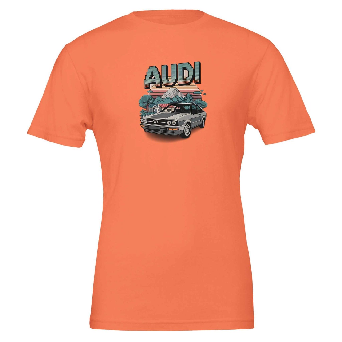 oldschool t-shirt with minecraft-style audi car graphic on orange cotton fabric