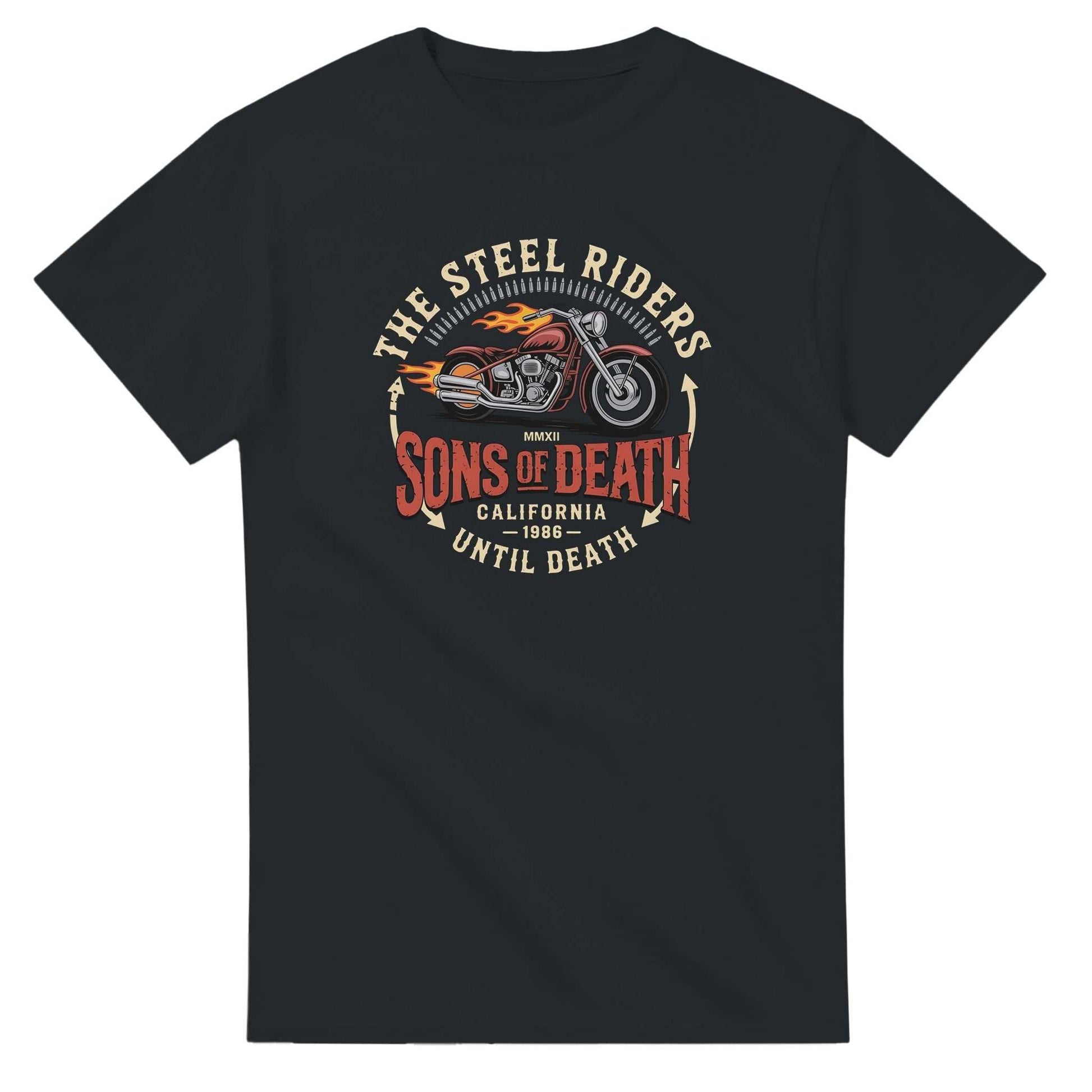 Schwarzes Biker T-Shirt aus schwerer Baumwolle mit Motorrad-Motiv und "Sons of Death" Schriftzug für Motorrad-Enthusiasten