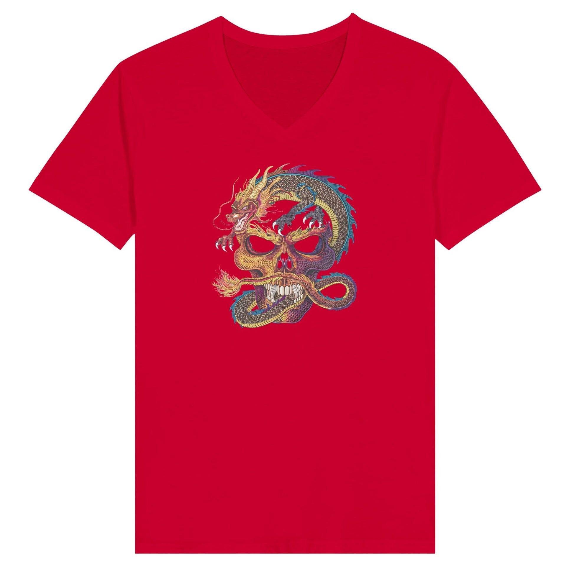 Rotes Streetwear T-Shirt mit V-Ausschnitt und kreativem Drachendesign, Unisex Slim Fit aus hochwertiger Baumwolle