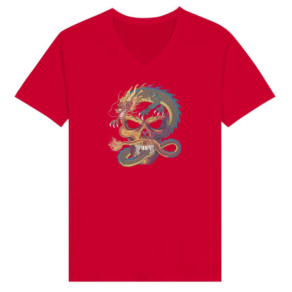 Rotes Streetwear T-Shirt mit V-Ausschnitt und kreativem Drachendesign, Unisex Slim Fit aus hochwertiger Baumwolle