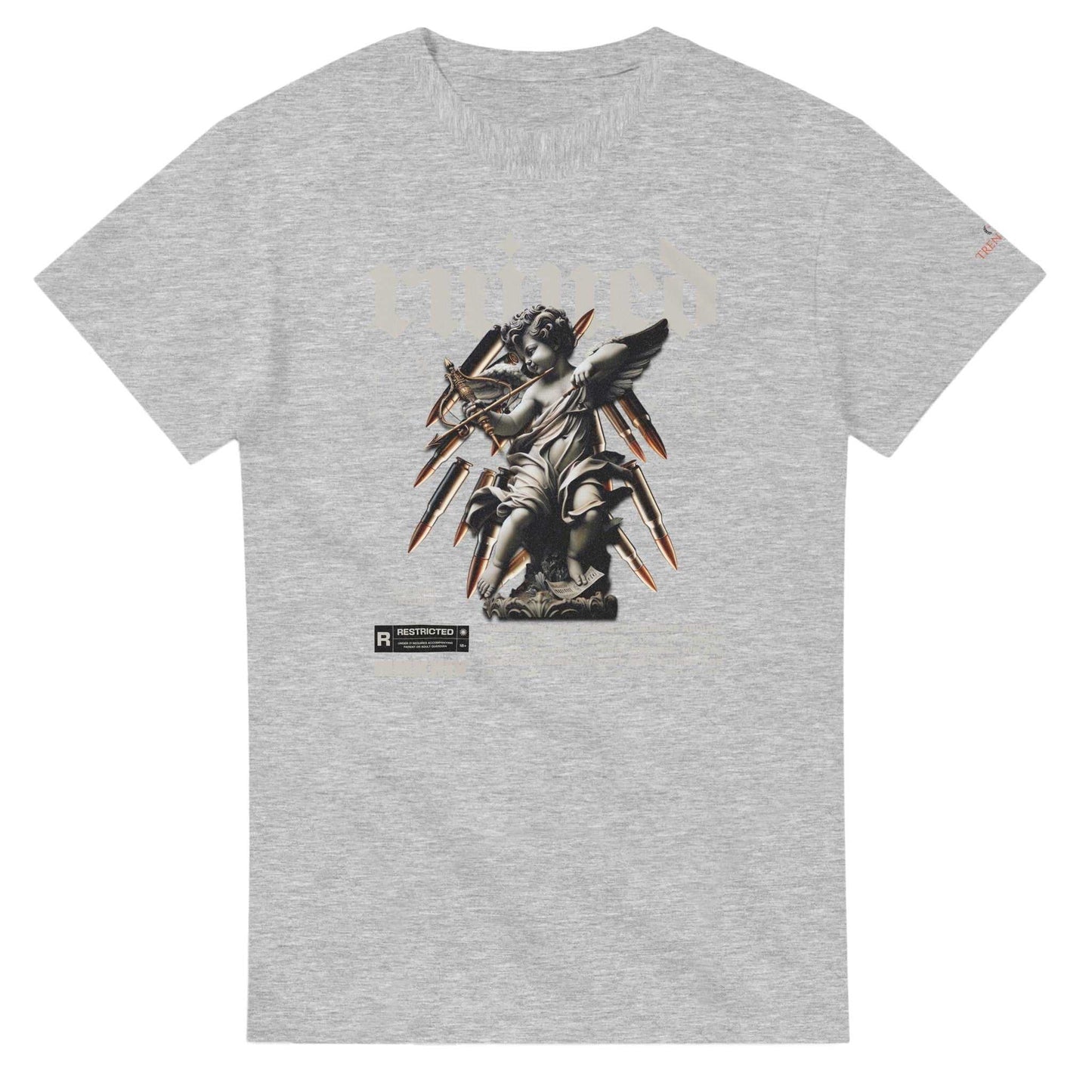 ruined streetwaer unisex crewneck t-shirt in grey with angel graphic and durable cotton fabric